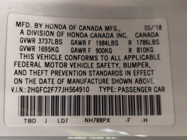 Photo 8 VIN: 2HGFC2F77JH564910 - HONDA CIVIC 