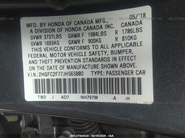 Photo 8 VIN: 2HGFC2F77JH565880 - HONDA CIVIC SEDAN 