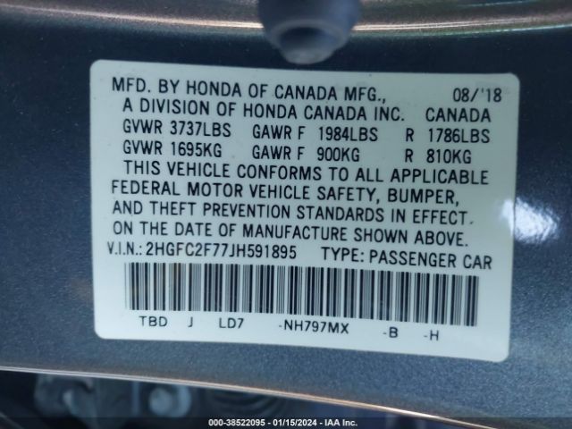 Photo 8 VIN: 2HGFC2F77JH591895 - HONDA CIVIC 