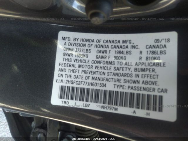 Photo 8 VIN: 2HGFC2F77JH601504 - HONDA CIVIC 