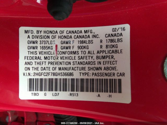 Photo 8 VIN: 2HGFC2F78GH536686 - HONDA CIVIC SEDAN 