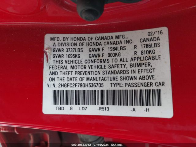 Photo 8 VIN: 2HGFC2F78GH536705 - HONDA CIVIC 