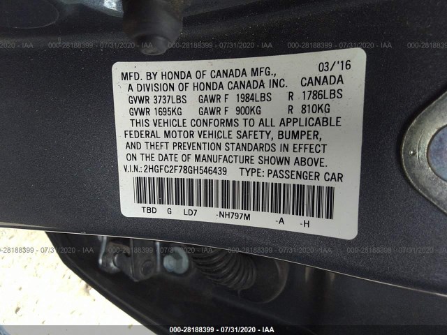 Photo 8 VIN: 2HGFC2F78GH546439 - HONDA CIVIC SEDAN 