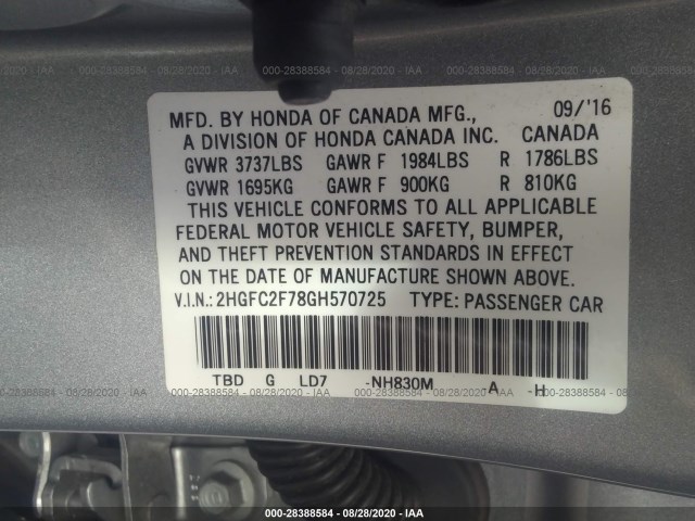 Photo 8 VIN: 2HGFC2F78GH570725 - HONDA CIVIC SEDAN 