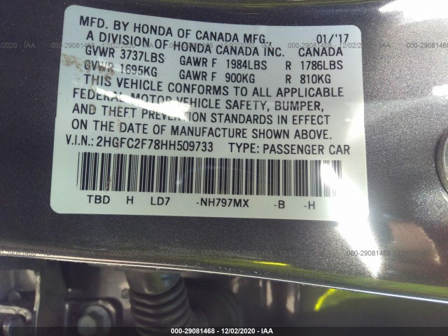 Photo 8 VIN: 2HGFC2F78HH509733 - HONDA CIVIC SEDAN 