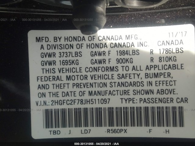 Photo 8 VIN: 2HGFC2F78JH511097 - HONDA CIVIC SEDAN 