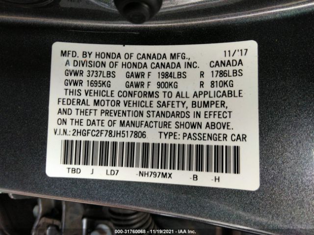 Photo 8 VIN: 2HGFC2F78JH517806 - HONDA CIVIC SEDAN 