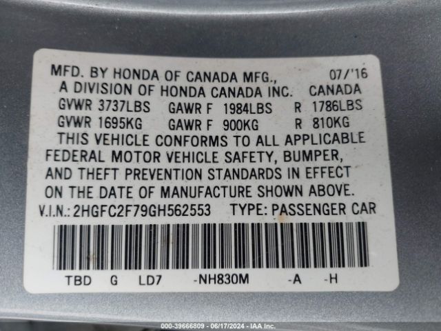 Photo 8 VIN: 2HGFC2F79GH562553 - HONDA CIVIC 