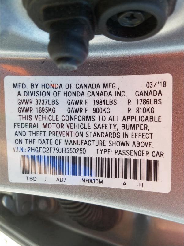 Photo 9 VIN: 2HGFC2F79JH550250 - HONDA CIVIC EX 