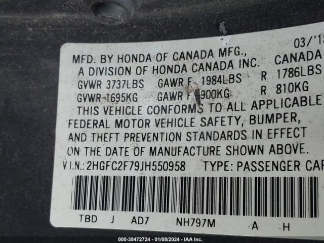 Photo 8 VIN: 2HGFC2F79JH550958 - HONDA CIVIC 