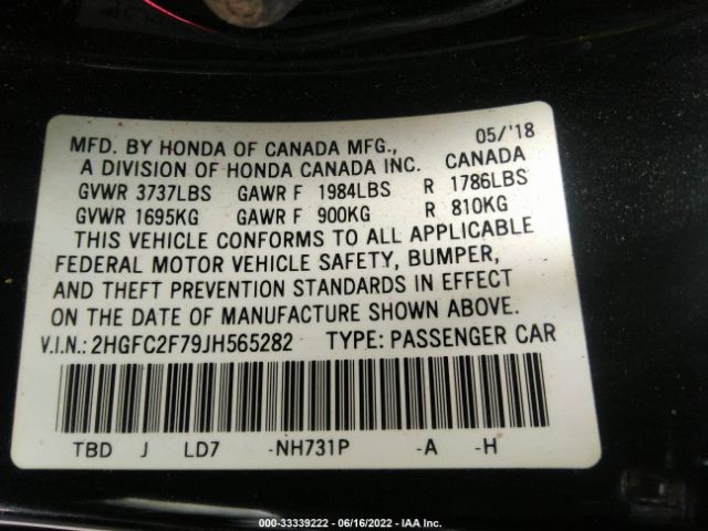 Photo 8 VIN: 2HGFC2F79JH565282 - HONDA CIVIC SEDAN 