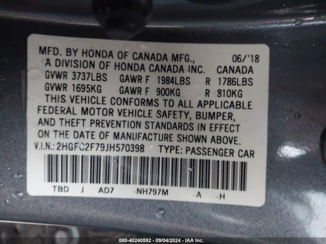 Photo 8 VIN: 2HGFC2F79JH570398 - HONDA CIVIC 