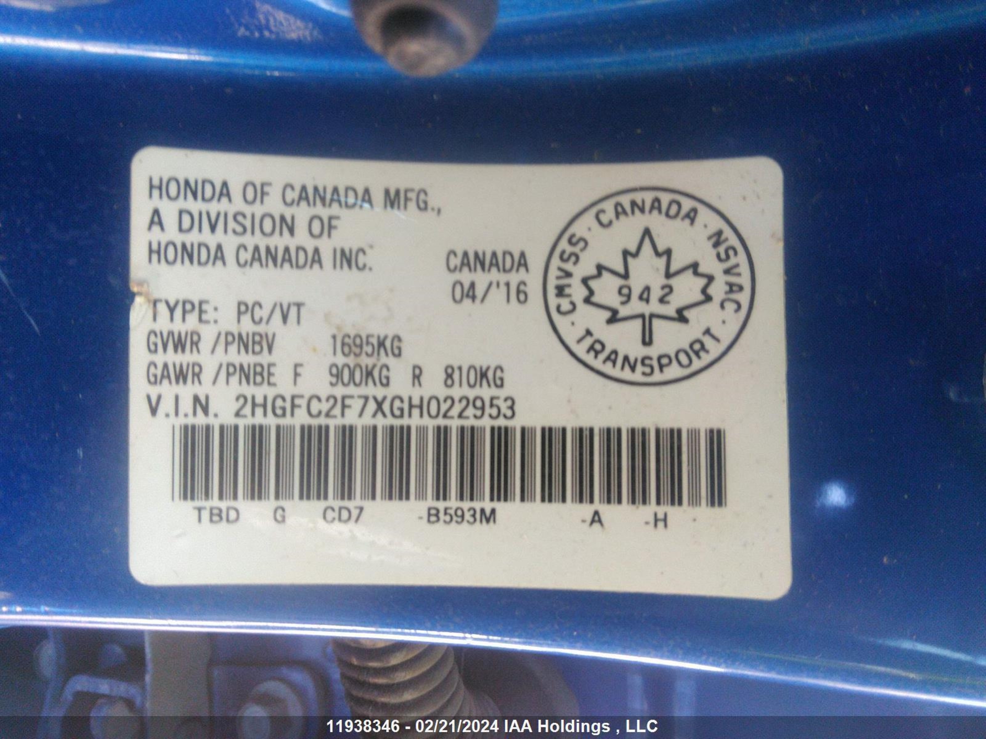 Photo 8 VIN: 2HGFC2F7XGH022953 - HONDA CIVIC 