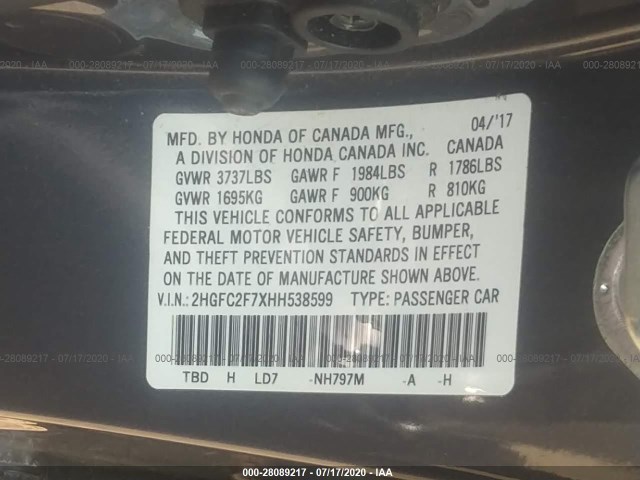 Photo 8 VIN: 2HGFC2F7XHH538599 - HONDA CIVIC SEDAN 