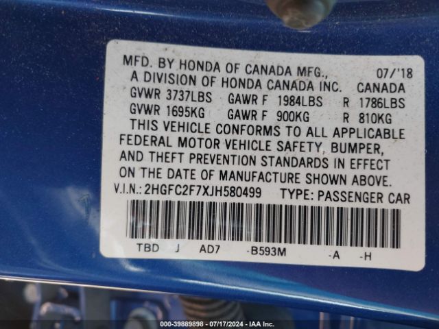 Photo 8 VIN: 2HGFC2F7XJH580499 - HONDA CIVIC 