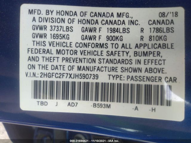 Photo 8 VIN: 2HGFC2F7XJH590739 - HONDA CIVIC SEDAN 