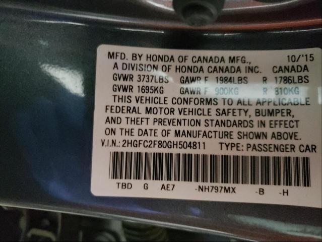 Photo 9 VIN: 2HGFC2F80GH504811 - HONDA CIVIC EX 