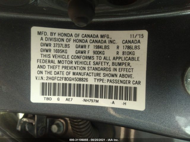 Photo 8 VIN: 2HGFC2F80GH508826 - HONDA CIVIC SEDAN 