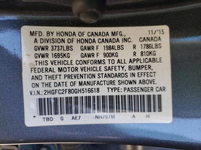 Photo 9 VIN: 2HGFC2F80GH516618 - HONDA CIVIC EX 