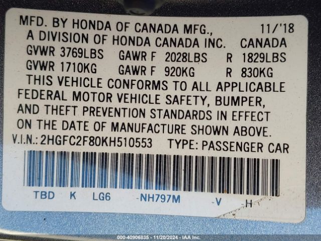 Photo 8 VIN: 2HGFC2F80KH510553 - HONDA CIVIC 