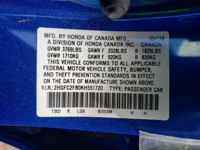 Photo 9 VIN: 2HGFC2F80KH551720 - HONDA CIVIC SPOR 