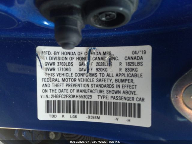 Photo 8 VIN: 2HGFC2F80KH553029 - HONDA CIVIC SEDAN 