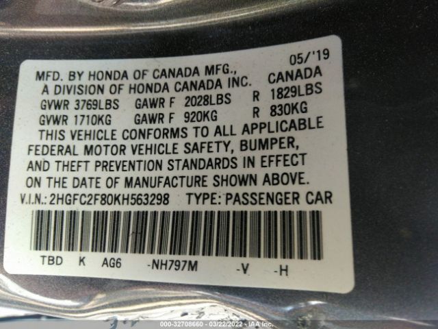 Photo 8 VIN: 2HGFC2F80KH563298 - HONDA CIVIC SEDAN 