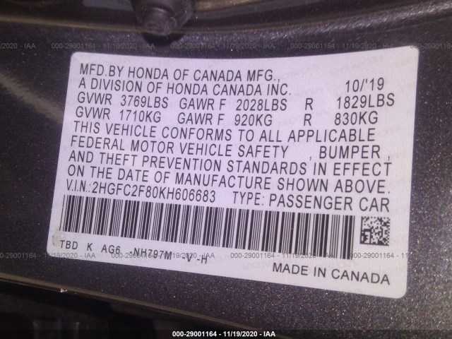 Photo 8 VIN: 2HGFC2F80KH606683 - HONDA CIVIC SEDAN 