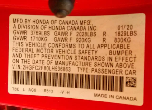 Photo 8 VIN: 2HGFC2F80LH536863 - HONDA CIVIC SEDAN 