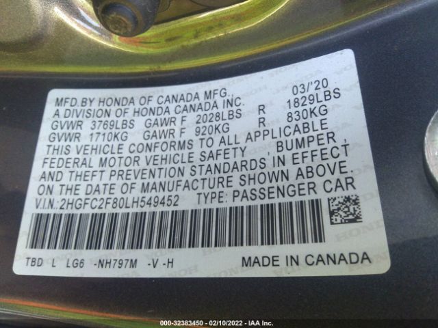 Photo 8 VIN: 2HGFC2F80LH549452 - HONDA CIVIC SEDAN 