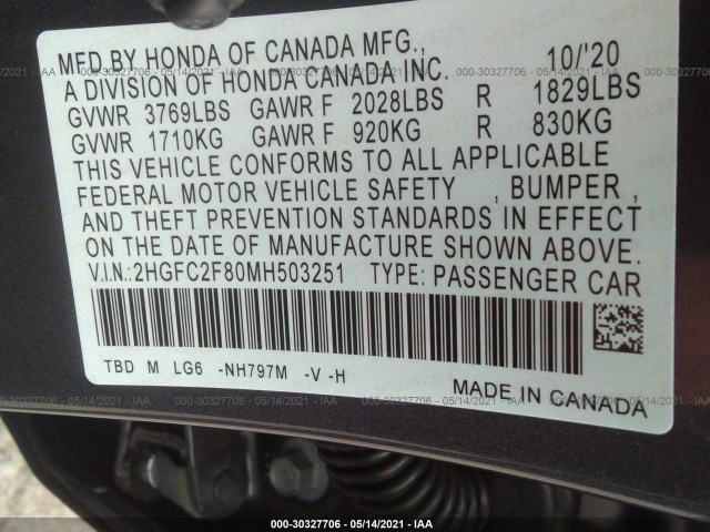 Photo 8 VIN: 2HGFC2F80MH503251 - HONDA CIVIC SEDAN 