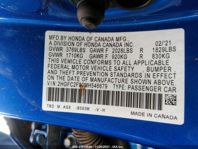 Photo 8 VIN: 2HGFC2F80MH546679 - HONDA CIVIC SEDAN 