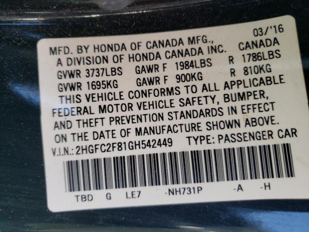 Photo 12 VIN: 2HGFC2F81GH542449 - HONDA CIVIC 