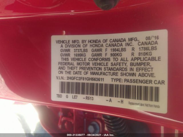 Photo 8 VIN: 2HGFC2F81GH563611 - HONDA CIVIC SEDAN 