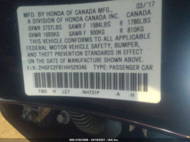 Photo 8 VIN: 2HGFC2F81HH529346 - HONDA CIVIC SEDAN 