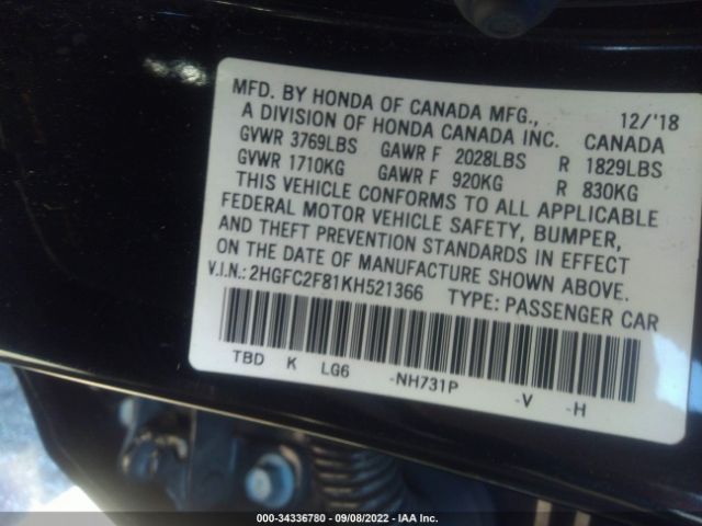 Photo 8 VIN: 2HGFC2F81KH521366 - HONDA CIVIC SEDAN 