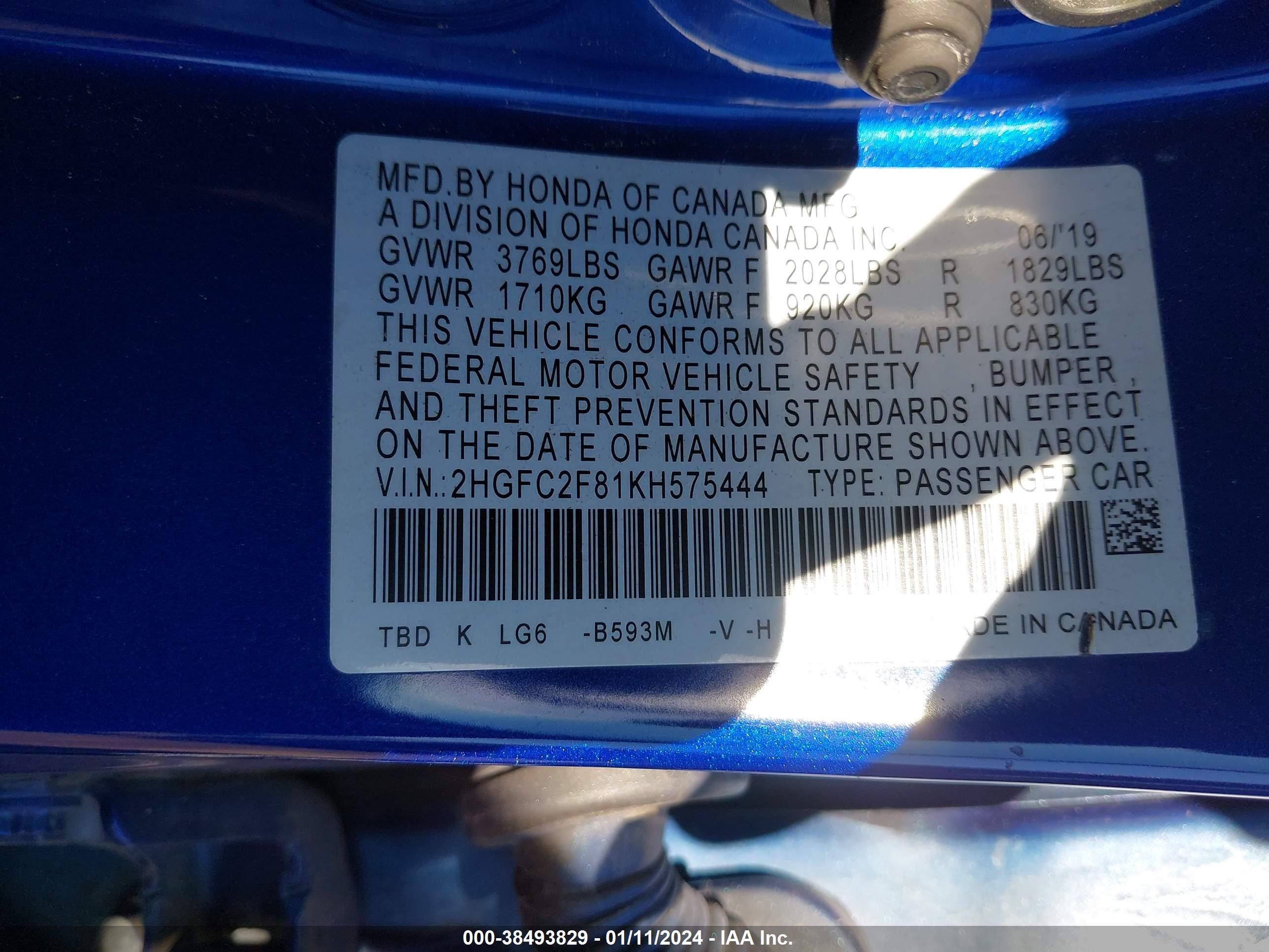 Photo 8 VIN: 2HGFC2F81KH575444 - HONDA CIVIC 