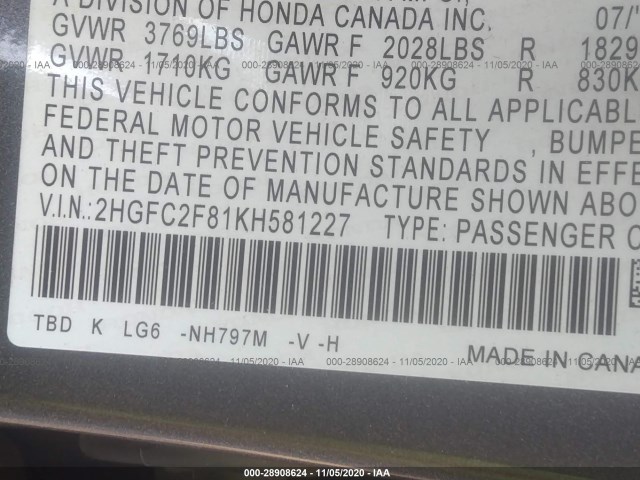 Photo 8 VIN: 2HGFC2F81KH581227 - HONDA CIVIC SEDAN 