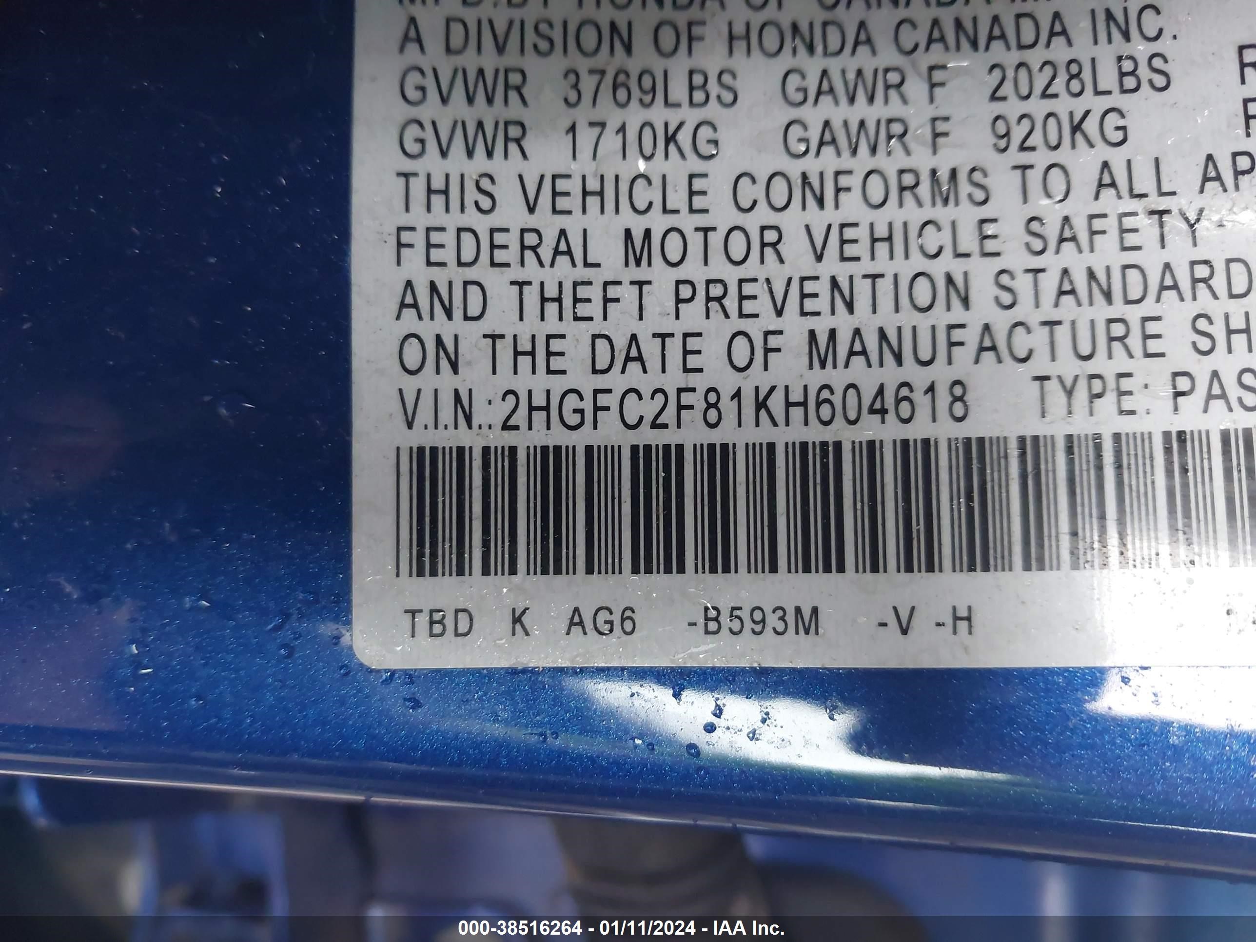 Photo 8 VIN: 2HGFC2F81KH604618 - HONDA CIVIC 