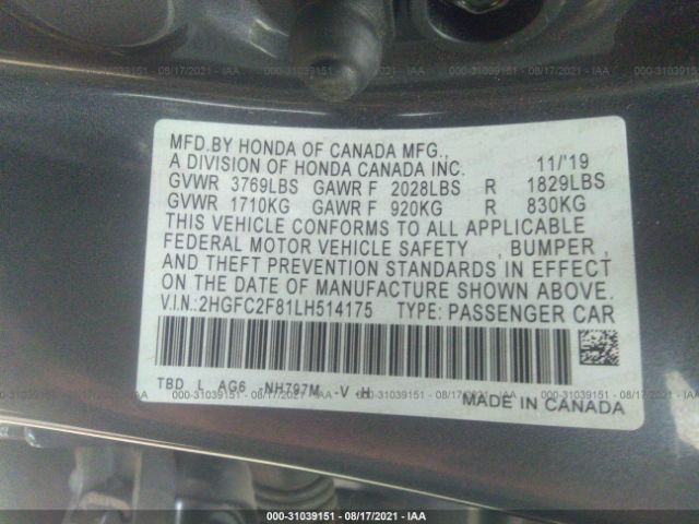 Photo 8 VIN: 2HGFC2F81LH514175 - HONDA CIVIC SEDAN 