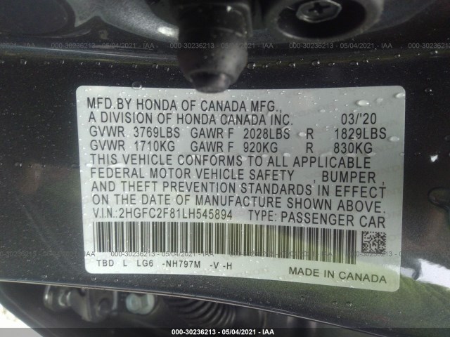 Photo 8 VIN: 2HGFC2F81LH545894 - HONDA CIVIC SEDAN 