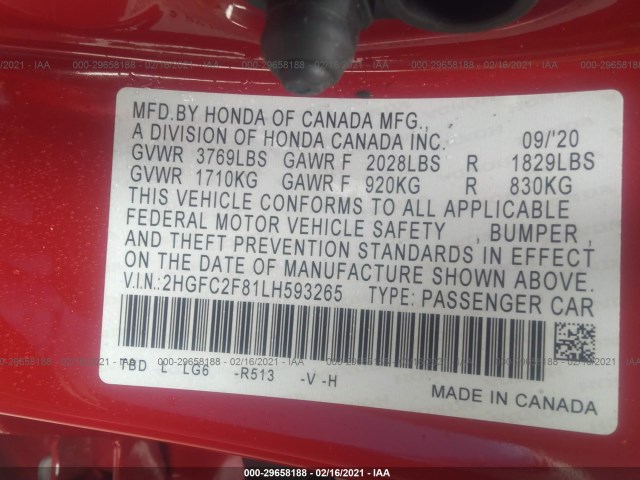 Photo 8 VIN: 2HGFC2F81LH593265 - HONDA CIVIC SEDAN 