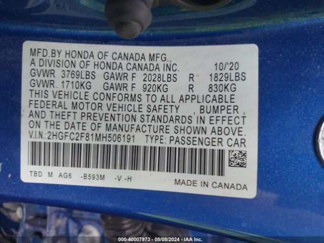 Photo 8 VIN: 2HGFC2F81MH506191 - HONDA CIVIC 