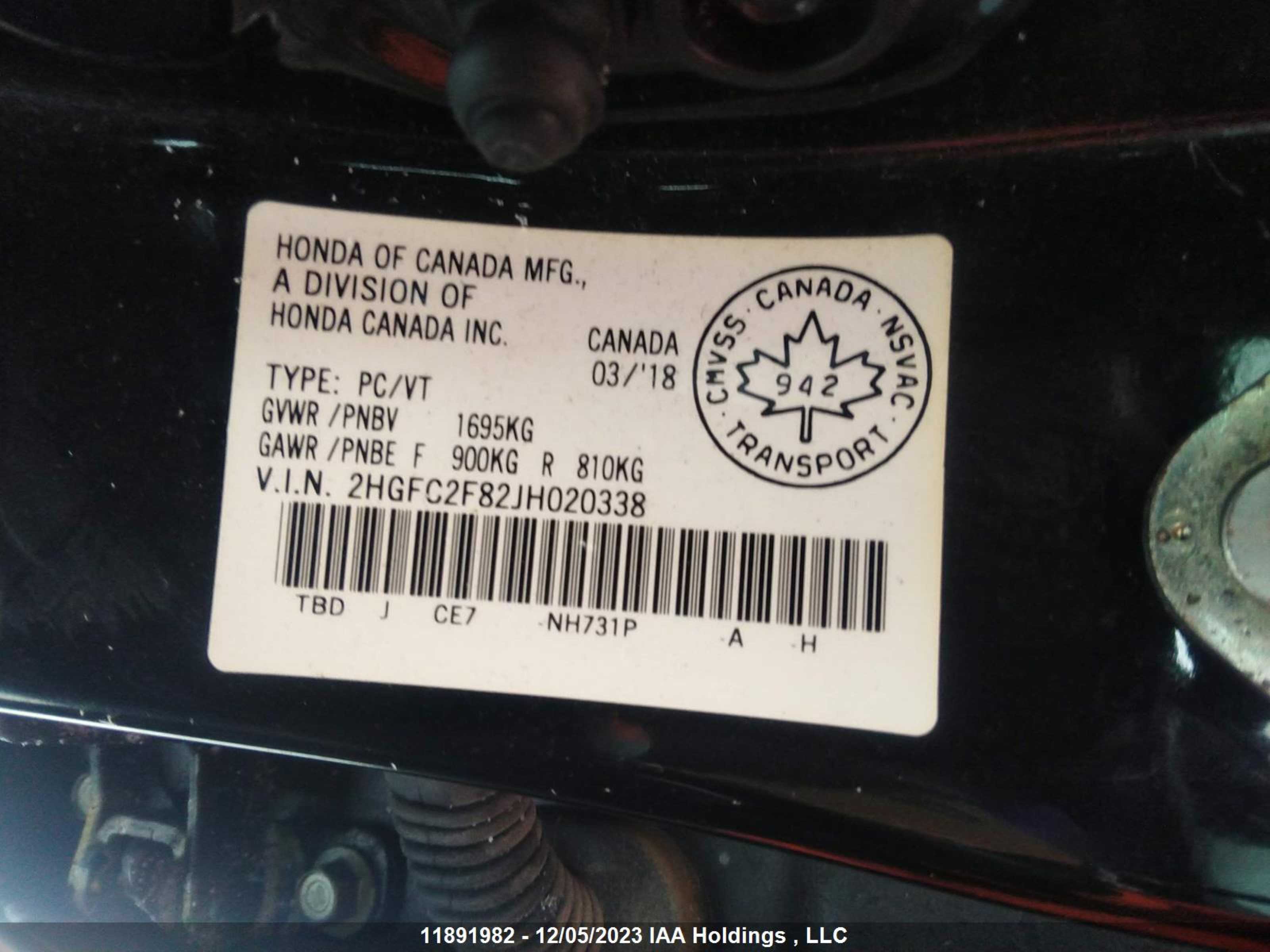 Photo 8 VIN: 2HGFC2F82JH020338 - HONDA CIVIC 