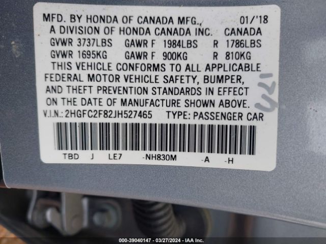 Photo 8 VIN: 2HGFC2F82JH527465 - HONDA CIVIC 