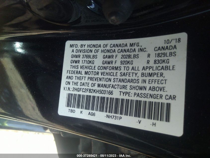 Photo 8 VIN: 2HGFC2F82KH503166 - HONDA CIVIC 