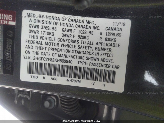 Photo 8 VIN: 2HGFC2F82KH509940 - HONDA CIVIC SEDAN 