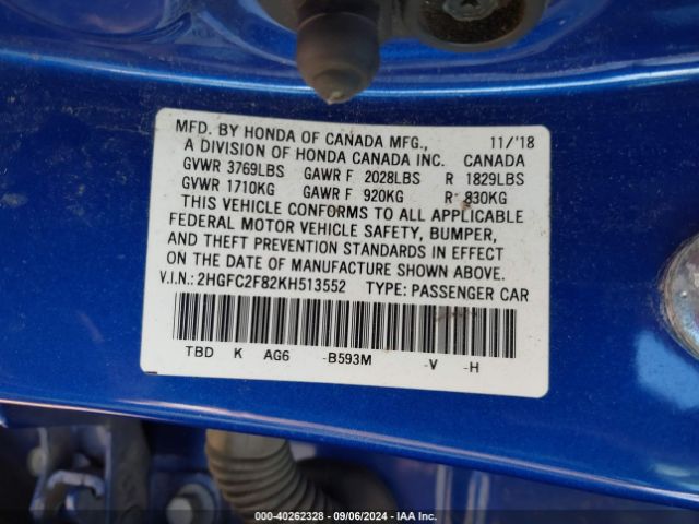 Photo 8 VIN: 2HGFC2F82KH513552 - HONDA CIVIC 