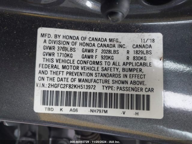 Photo 8 VIN: 2HGFC2F82KH513972 - HONDA CIVIC 