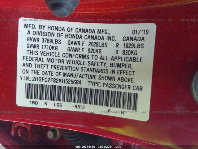 Photo 8 VIN: 2HGFC2F82KH525684 - HONDA CIVIC SEDAN 